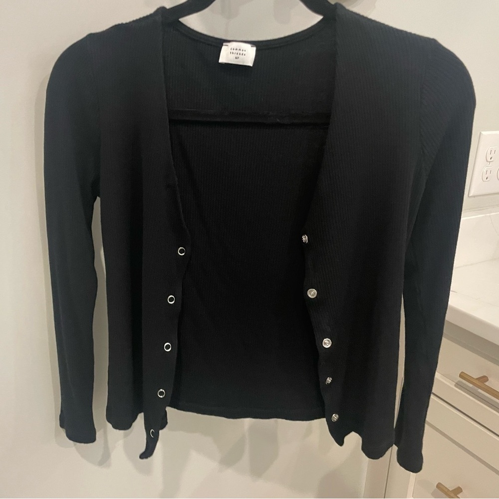 Common Threads Stretch Snap Up Long Sleeve Tee Cadigan Medium Petite